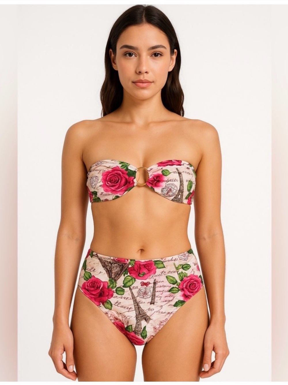 JOAN VASS PARISIAN ROSE PRINT BANDEAU HIGH WAISTED BIKINI SIZE MEDIUM